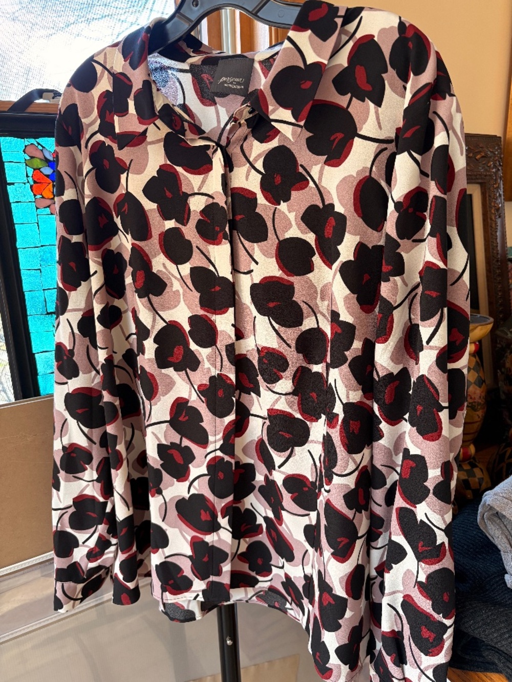 Persona By Marina Rinaldi White Black Red Mauve Floral Blouse Shirt Top